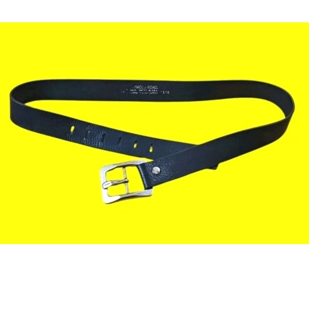 Tobacco Road Italian Leather Belt Men Sz 36 Black Silver Square Buckle Vtg USA